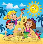 Children building sand castle theme 3 - eps10 vector illustration.