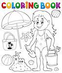 Coloring book girl and beach objects - eps10 vector illustration.