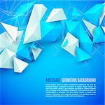 Abstract polygon 3d shapes and mesh grid on bright blue background