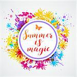 Round summer banner on a bright abstract floral background. Summer is magic lettering