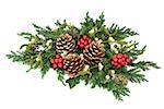 Christmas floral decoration with holly, gold pine cones, mistletoe, cedar cypress and juniper leaf sprigs and ivy on white background.