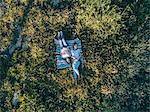 Overhead view of friends lying on blanket on grass, Firenze, Toscana, Italy, Europe