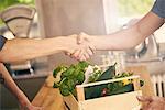 Chef and vegetable delivery man shaking hands