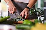 Hands of young woman slicing cabbage at kitchen table