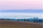 Countryside with morning mist at dawn over fields in Grossheubach in Bavaria, Germany