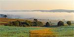 Countryside with morning mist over the fields in the community of Grossheubach with the Spessart hills in the background in Bavaria, Germany