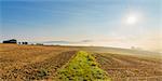 Countryside with grassy pathway through plowed fields with the sun and morning mist in autumn in the village of Schmachtenberg in Bavaria, Germany