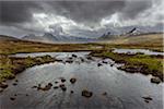 Moor landscape with river and storm clouds at Rannoch Moor in Scotland, United Kingdom