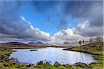 Moor landscape with lake and cloudy sky with mountains in the background at Rannoch Moor in Scotland, United Kingdom