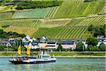 Ferry boat travelling along the Rhine at Lorch between Rudesheim and Koblenz, Germany