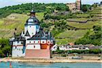 Pfalzgrafenstein Toll Station in front of Gutenfels Castle in Kaub, along the Rhine between Rudesheim and Koblenz, Germany