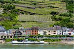 Dock and traditional buildings at Kaub along the Rhine between Rudesheim and Koblenz, Germany
