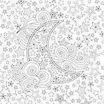 Contour image of moon crescent clouds, stars in zentangle inspired doodle style. Square composition. Coloring book page for adult and older children. Editable vector illustration.