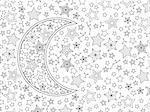 Contour image of moon crescent and stars in zentangle inspired doodle style. Horizontal composition. Coloring book page for adult and older children. Vector illustration.