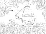 Contour image of ship on the wave in zentangle ispired doodle style. Horizontal composition. Coloring book, antistress page for adult and older children. Editable vector illustration.