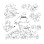 Contour image of ship on the wave, cloud, sun in zentangle inspired doodle style. Square composition. Coloring book, antistress page for adult and older children. Editable vector illustration.