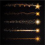 Gold glittering spiral star dust trail sparkling particles on transparent background. Space comet tail. Vector glamour fashion illustration set