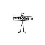 Stick figure man holding a welcome sign
