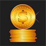 Gold dollar coin on black background, vector illustration.