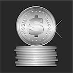 Silver dollar coin on black background, vector illustration.
