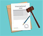 international law agreement stamped with folder document, blue pencil and judge hammer vector