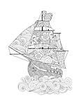 Ornate image of ship on the wave in zentangle inspired doodle style isolated on white. Vertical composition. Coloring book, antistress page for adult and older children. Vector illustration.