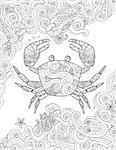 Coloring page. Ornate crab and sea waves. Vertical composition. Coloring book for adult and children. Vector illustration.
