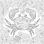 Coloring page. Ornate crab isolated on white background. Square composition. Coloring book for adult and children. Editable vector illustration.