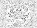 Coloring page. Ornate crab and sea wave curl background. Horizontal composition. Coloring book for adult and children. Editable vector illustration.