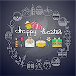 Vector Greeting card with Easter icon and handwritten word Happy Easter  on black background.