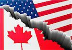 detailed illustration of Canadian and US national Flag with a deep crack, symbol for crisis and problems, eps10 vector