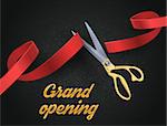 Grand opening illustration with red ribbon and gold scissors isolated on black. EPS 10