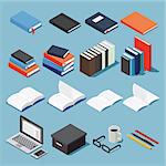Isometric library and educational equipment vector set: paper, different types of books, stack of books, pen, pencil, bookmarks, laptop, glasses, box, open book and textbook.