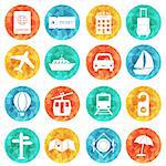 Travel and tourism icons flat colored vector set.