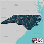 Vector set of North Carolina state with roads map, cities and neighboring states