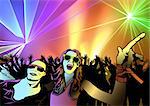 Disco Dance Party Background with Dancing People and Silhouetted Audience and Colorful Laser Light Effects - Vector Illustration