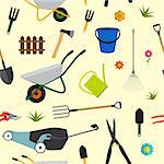 Garden Tools, Instruments Flat Icon Collection Set. Shovel, bucket, rake, secateurs, scissors, wheelbarrow and watering. Seamless Pattern Background. Vector Illustration EPS10