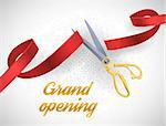 Grand opening illustration with red ribbon and gold scissors isolated on white. EPS 10