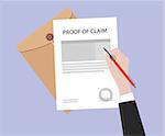 illustration of a man signing stamped proof of claim letter using a red pen with folder document and purple background vector