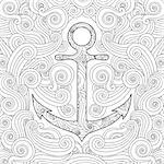 Coloring page with anchor in waves. Zentangle inspired doodle style. Square composition. Coloring book for adult and older children. Editable vector illustration.