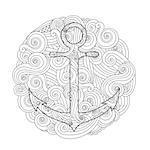 Coloring page with anchor in wave mandala. Zentangle inspired doodle style. Square composition. Coloring book for adult and older children. Editable vector illustration.