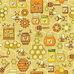 Vector seamless pattern. Beekeeping product. Included bee, honey, jar, dipper, honeycomb, beehive and flower on yellow background
