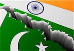 detailed illustration of the Pakistani and Indian national Flag with a deep crack, symbol for crisis and problems, eps10 vector