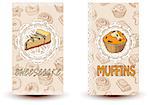 Cheesecake and muffins. Hand drawn vector illustration. Promotional brochure with pastries. Bakery shop. Perfect for restaurant brochure, cafe flyer, delivery menu. Ready-to-use design template with sketch illustrations