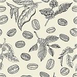 Seamless coffee background with branch of coffee and coffee beans. Hand drawn illustration in sketch style.