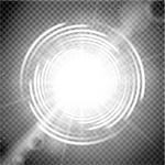 Vector light effect on transparent background. Glowing cosmic vortex or super nova with lens flares illustration.
