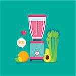 Blender Celery Orange Avocado and Celery Healthy food background Vector illustration