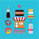 Fast food cafe facade and food icons set Vector illustration
