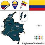 Vector map of Colombia with named natural regions and travel icons