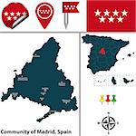 Vector map of community of Madrid with flags and icons